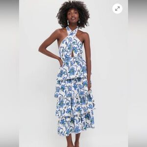 Hunter Bell Berkley Crisscross Halter Tiered Ruffle Midi Dress sz 6